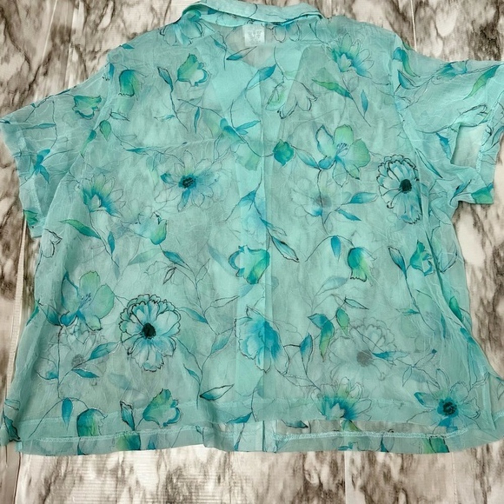 Blue Floral Sheer Short Sleeve Blouse Flowered Silver Sparkles Over Shirt Jacket